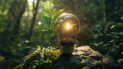 a green light bulb with a plant inside of it, green energy, environmental light