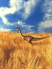 A dinosaur walking through a golden grass landscape under a blue sky with clouds.
