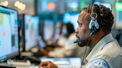 Emergency response professionals monitoring multiple weather radar displays at metropolitan operations center during severe storm season, coordinating critical disaster preparedness efforts