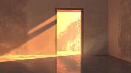 Sunlit doorway, damaged room, sunset view, hope concept, interior design