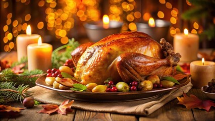 A beautifully roasted golden-brown turkey placed on a festive table setting with autumn leaves and candles, surrounded by warm lighting and seasonal decorations , warm lighting, mouthwatering