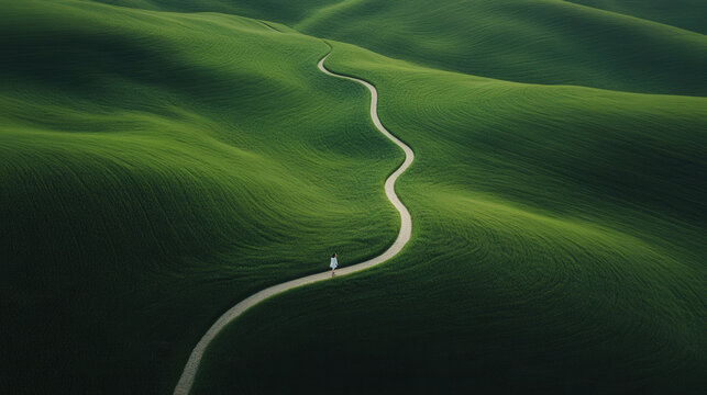 Striking Scene of a Young Person Walking Down a Winding Path Through Lush Green Hills Under a Clear Blue Sky
