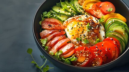 A black bowl filled with a variety of vegetables and bacon, offering a healthy and delicious dish presentation