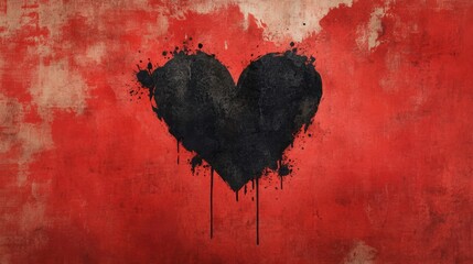 Black Heart on Red Background in Watercolor Style Art
