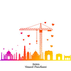 Obraz premium Colorful India Skyline Silhouette with Taj Mahal and Floating Hearts On Transparent Background 