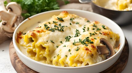 A bowl of delicious and comforting Italian mushroom lasagna rolls, served on a white plate with a creamy sauce