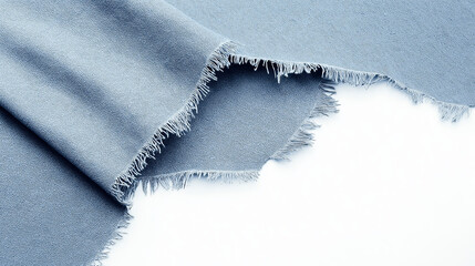 Soft textured blue fabric with frayed edges on a white background