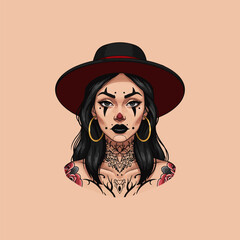 A stylized illustration of a tattooed woman with clown makeup wearing a wide-brimmed hat. © anissa