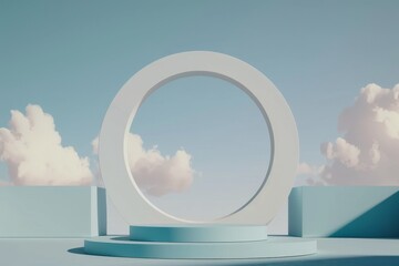 A Minimalist Circular Structure Against a Serene Sky Background Featuring Soft Clouds and Geometric Elements in a Peaceful Setting