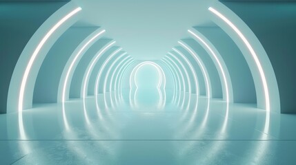 Futuristic Minimalist Interior Design Featuring a Brightly Lit Tunnel with Soft Curved Lines and Reflections on a Polished Floor