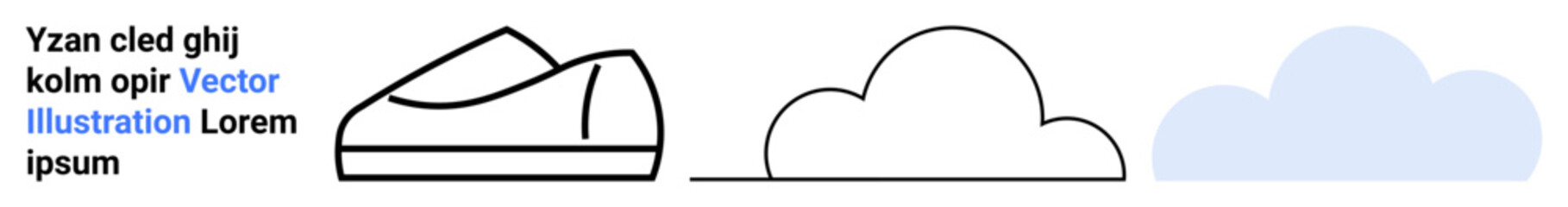 Three minimalist elements black outline mountain, black outline cloud, blue-filled cloud with placeholder text. Ideal for simplicity, nature themes, minimalism, vector art, outdoor branding, clean