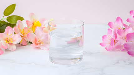 Refreshing water glass surrounded by beautiful flowers tranquil setting still life serenity aesthetic appeal