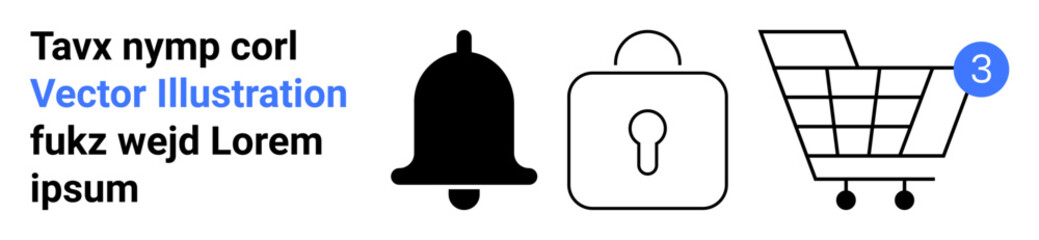 Bell icon for notifications, padlock for security, shopping cart with notification badge. Ideal for e-commerce, web design, app interfaces, online shopping, security alerts, sales, and new arrivals