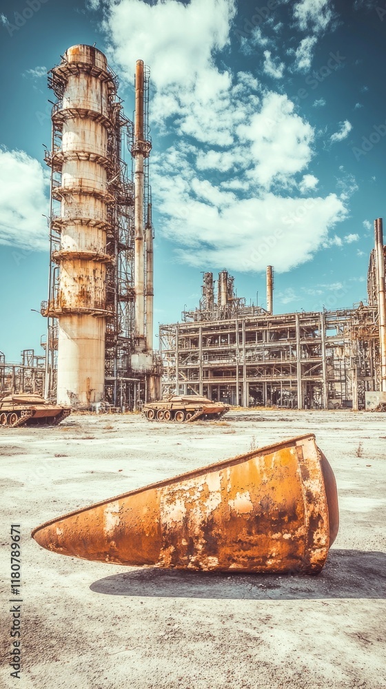 Poster an abandoned industrial site with a rusty cone in the foreground and towering structures behind.