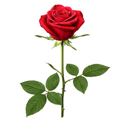 Photorealistic Red Rose with Dewdrops and Lush Green Leaves On Transparent Background
