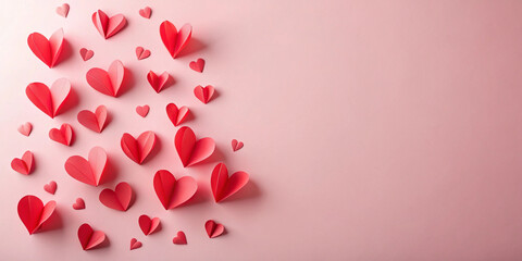 Top-down view of scattered red paper-cut hearts on a pastel pink background, minimalistic and romantic flat lay, HD