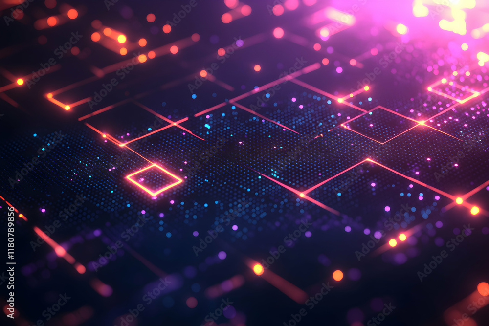 Poster abstract digital network connection glowing with vibrant pink and orange light, representing data fl