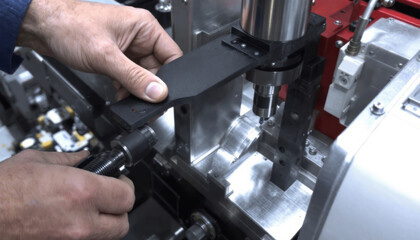 Precise Manufacturing: A Technician Carefully Aligns a Component within a High-Precision Drilling Machine for Automated Production