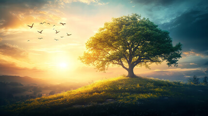 Scene of ecosystem with tree isolated among meadow and golden sunshine, Generative AI