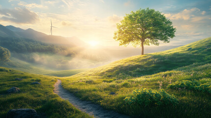 Obraz premium Scene of ecosystem with tree isolated among meadow and golden sunshine, Generative AI 