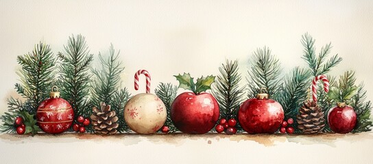 Watercolor Christmas border with ornaments, apples, pine cones, candy canes, and holly.