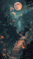 Fototapeta premium Enchanted Staircase: A Moonlit Fantasy Landscape