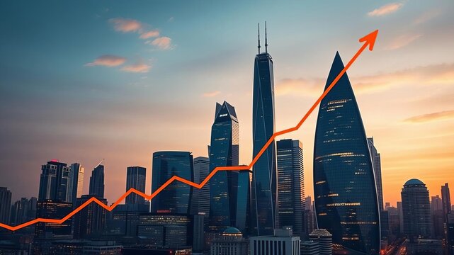 Stock chart steadily ascending with futuristic skyline of skyscrapers in background, cityscape, technology