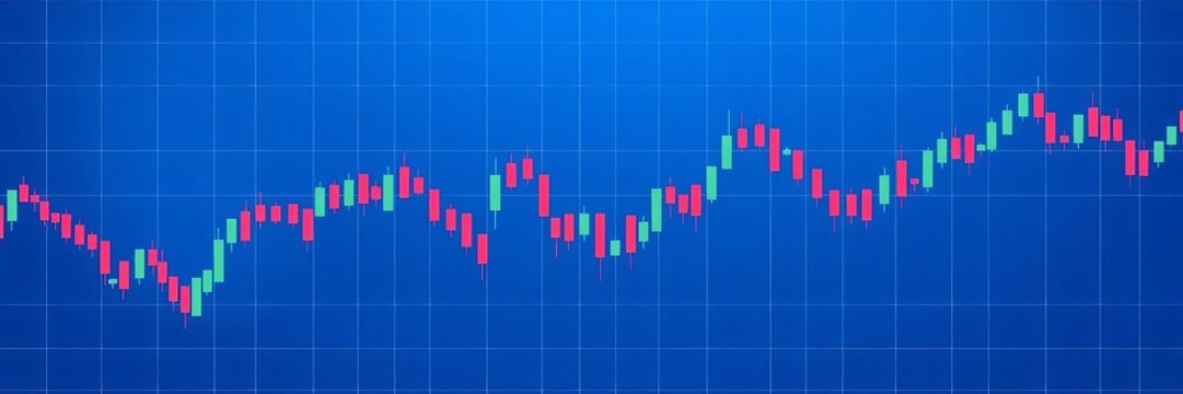 Stock market chart showing fluctuations in prices and trends on a vibrant blue background with grid lines and candlestick patterns, prices, finance