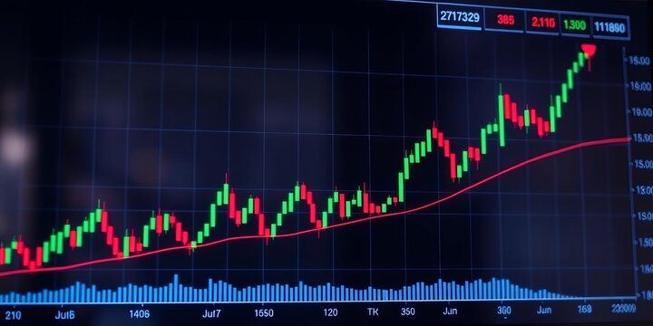 Stock exchange financial investment and trading chart display with candlestick diagram, moving average lines, and rising profits, financial, lines