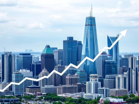 Stock photo featuring a stock chart steadily climbing with a backdrop of modern skyscrapers, urban development, corporate