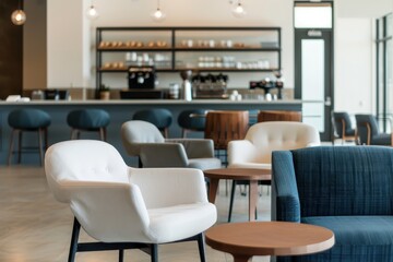 Modern Minimalist Cafe Interior with Elegant Chairs and Cozy Atmosphere Featuring Soft Lighting and Open Space for Relaxation and Socialization