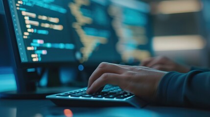 Close-Up of Hands Typing on a Computer Keyboard with Coding Displayed on Dual Monitors in a Dimly Lit Room for Software Development and Programming Concepts