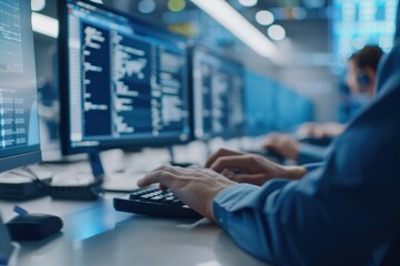 Close-Up of Hands Typing on Keyboard in Front of Multiple Computer Monitors Displaying Code and Data Analytics in Modern Office Environment