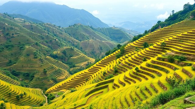 Stunning view of terraced rice fields cascading down mountainside in Mu Cang Chai, Vietnam, natural, nature