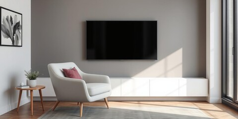 Stylish living room interior with modern TV armchair, abstract wall art, and decorative objects, comfortable, design