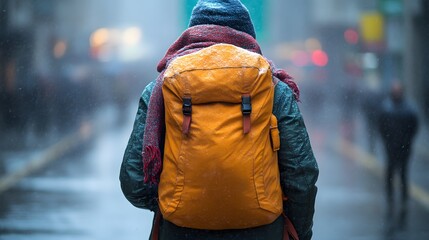 Person with backpack walking in snowy city.