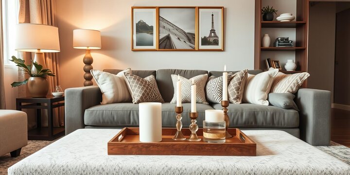Stylish living room interior with candlestick trays and personal accessories, copy space template, interior design, elegant