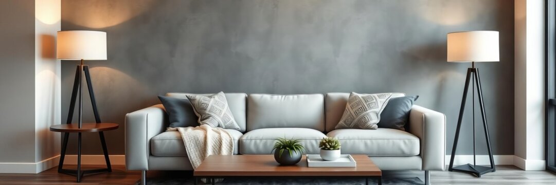 Stylish living room with sleek couch, modern lamp, contemporary design, bright grey wall, interior design, modern