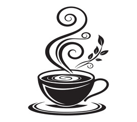 Black and white one line art icon drawing a coffee with white background
