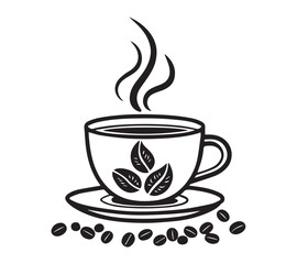 Black and white one line art icon drawing a coffee with white background