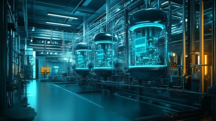 Fototapeta premium A massive vaccine production facility glowing with advanced filtration and automated injection systems