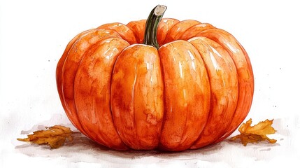 Watercolor painting of a ripe orange pumpkin with autumn leaves.