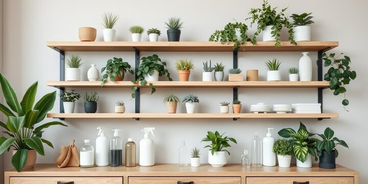 Stylish shelf display with cleaning products and plants, fresh and organized atmosphere, natural materials, greenery, calming touch, plants, atmosphere