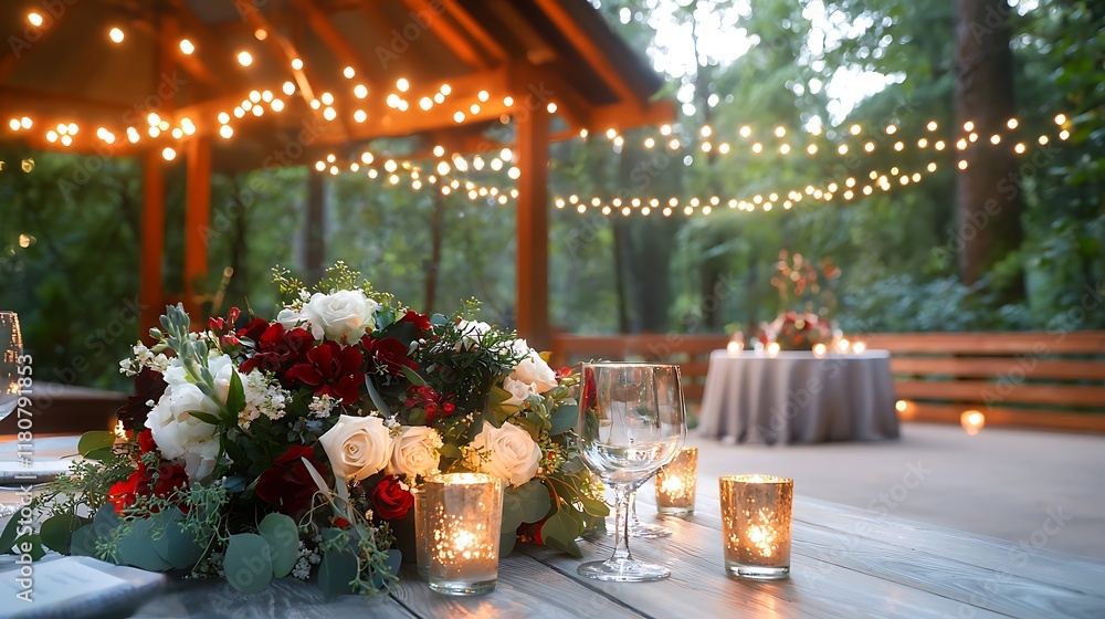 Poster candlelit dinner under a rustic gazebo adorned with twinkling string lights creating a warm and inti