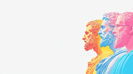 Colorful Illustration of Ancient Philosophers Plato, Socrates, Aristotle, and Seneca Showcasing Their Distinct Styles and Intellectual Legacy in Modern Art