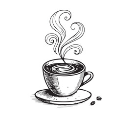 Black and white one line art icon drawing a coffee with white background