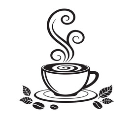 Black and white one line art icon drawing a coffee with white background