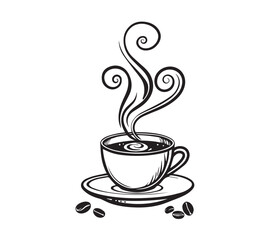 Black and white one line art icon drawing a coffee with white background