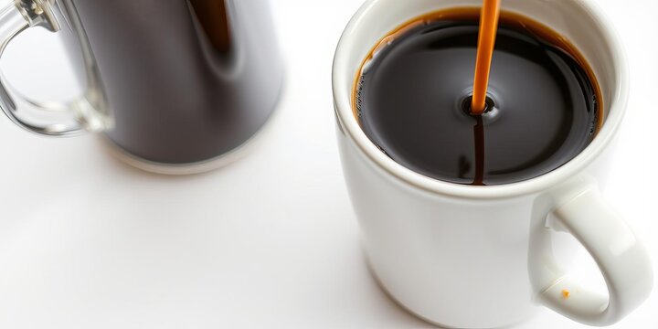 Sugar being poured onto a cup of black coffee, creating a sweet swirl against a white background, symbolic, morning