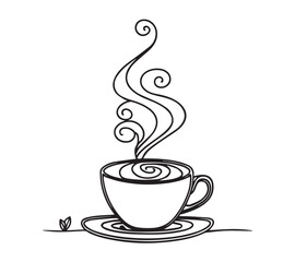 Black and white one line art icon drawing a coffee with white background